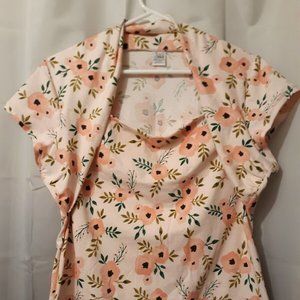 New Attached Shrug T-shirt Top L Peach Floral Green Leaves Short Cap Slv Blouse